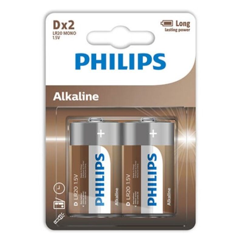 Blister de 2 baterias alcalinas PHILIPS D LR20, mostrando o produto e embalagem.