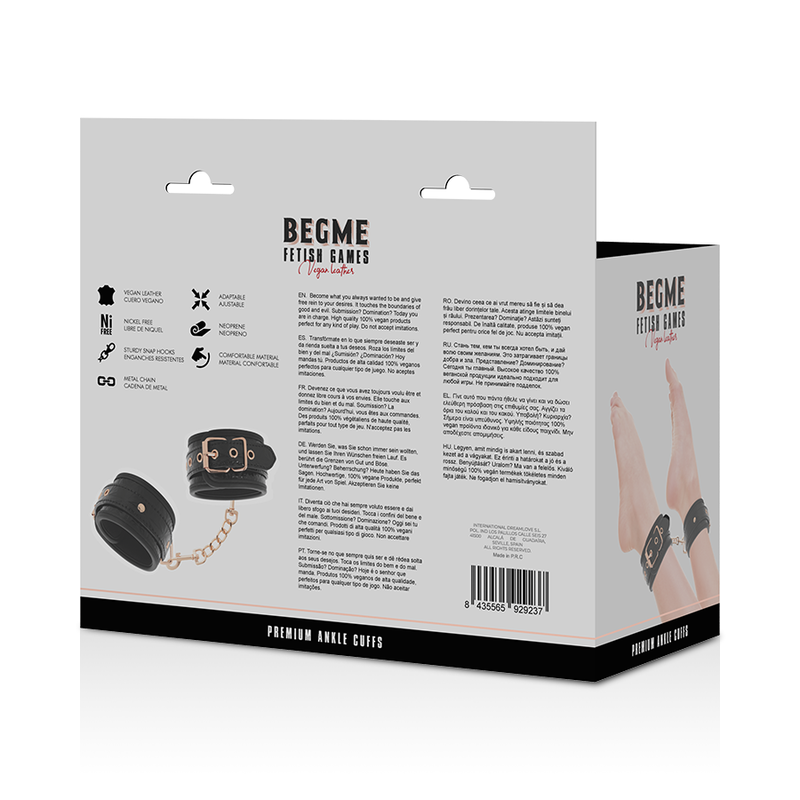 Close-up dos Punhos de Tornozelo BEGME Premium Black Edition em couro vegan, mostrando detalhes da fivela e acolchoamento.