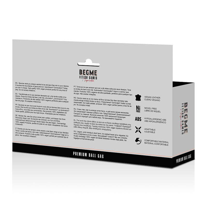 Close-up da BEGME Bola Gag Vegan Couro Black Edition para BDSM, mostrando detalhes do material e fecho.