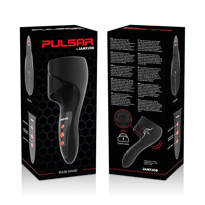 Jamyjob Masturbador Masculino Pulsar, um brinquedo sexual ergonômico de silicone com modos de vibração e pulsação.