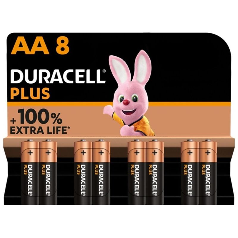 Pack de 8 pilhas alcalinas Duracell Plus Power AA LR6 para dispositivos eletrónicos.