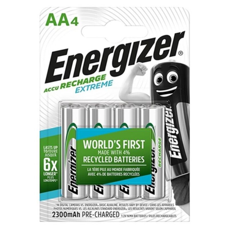Pack de 4 pilhas recarregáveis Energizer Extreme HR6 AA 2300mAh para dispositivos eletrónicos.