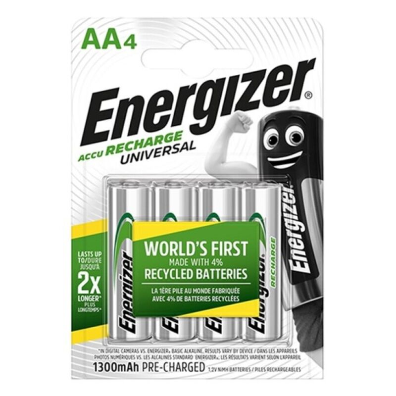 Pack de 4 pilhas recarregáveis Energizer HR6 AA 1300mAh NiMH para dispositivos eletrónicos.