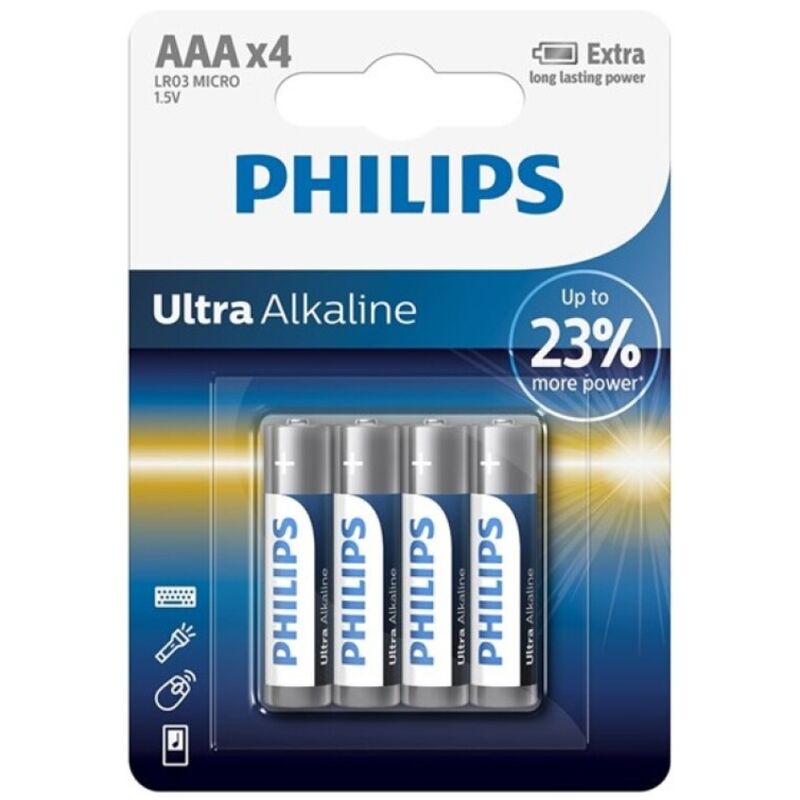 Close-up do pack de Pilhas PHILIPS Bateria Ultra Alcalina AAA LR03 4 Unidades, mostrando os detalhes das pilhas.