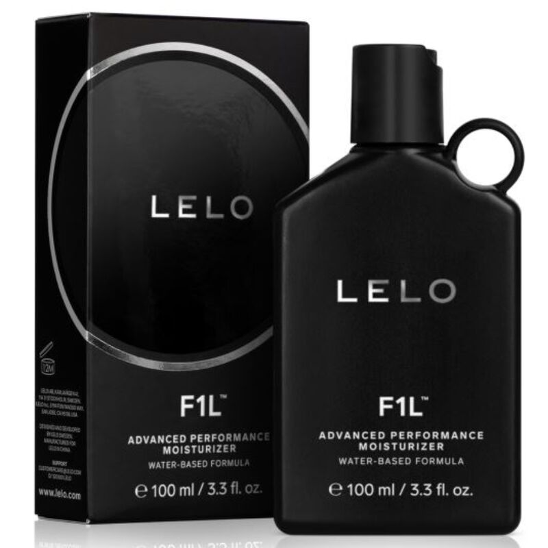 Embalagem do Lubrificante Hidratante Avançado LELO F1L 100ml, destacando a textura suave do produto.
