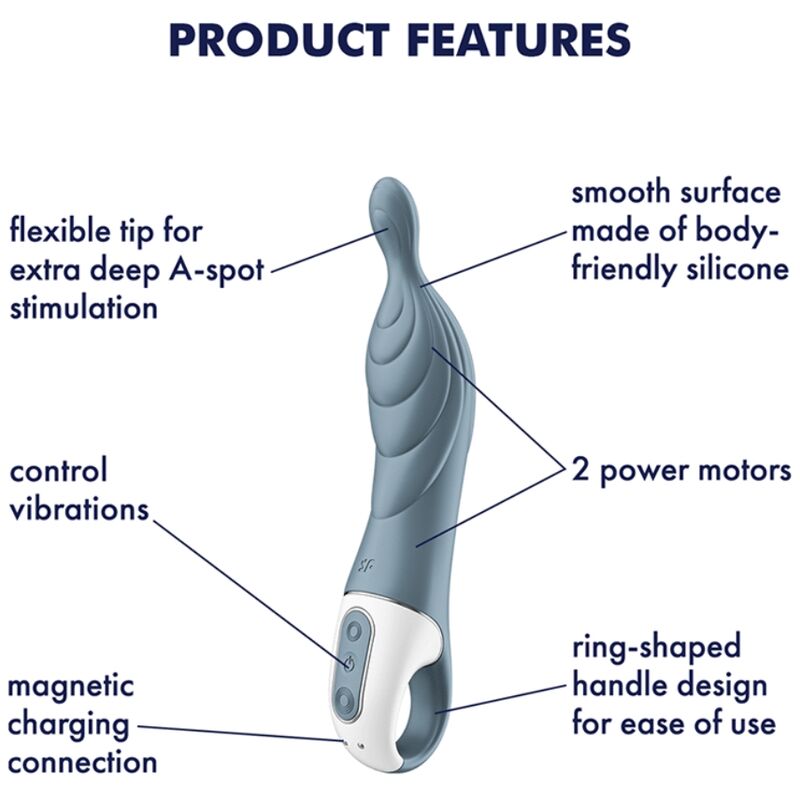 Satisfyer Vibrador A-Mazing 2 para Estimulação Profunda do Ponto A, cinza, com detalhes da haste e painel de controlo.