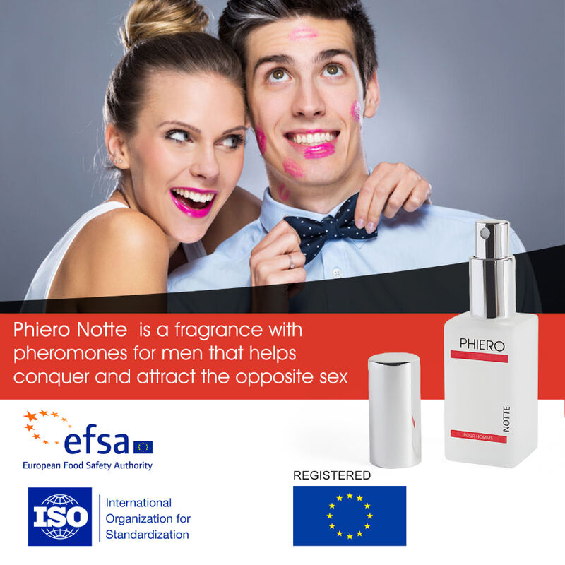 Frasco do perfume com feromonas 500 COSMETICS Phiero Notte para homens, ideal para sedução e confiança.