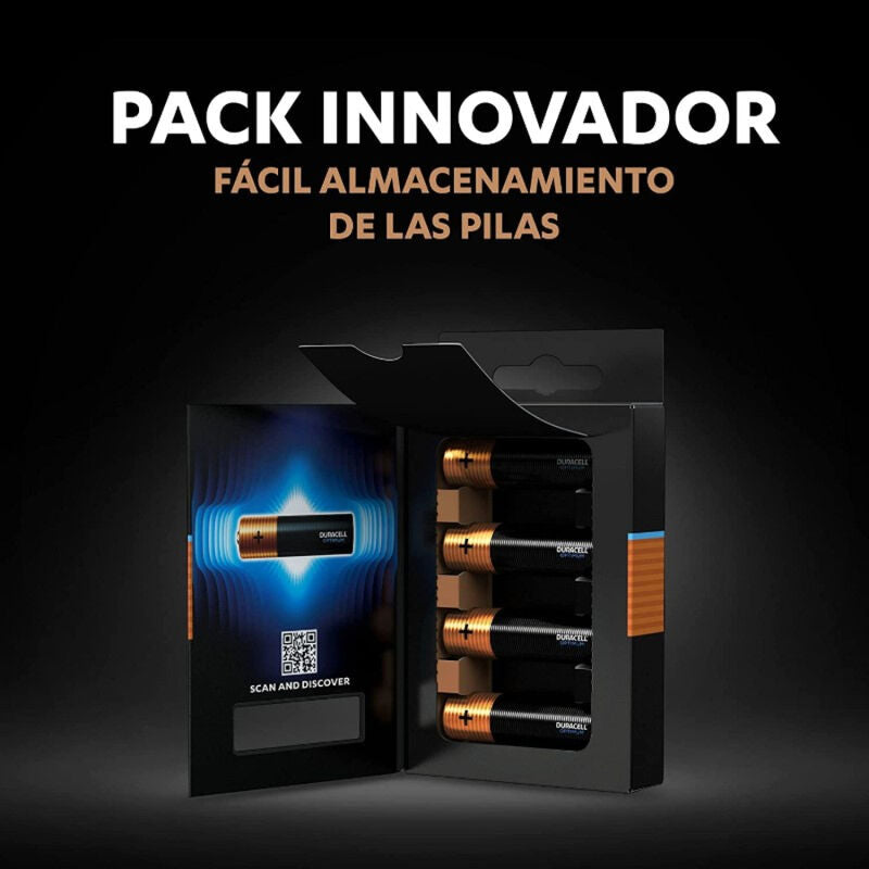 Pack de 4 pilhas alcalinas Duracell Optimum AA LR6, mostrando a embalagem inovadora e a marca.