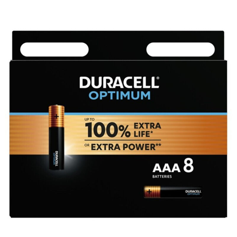 Embalagem com 8 Pilhas Alcalinas Duracell Optimum AAA LR03, com destaque para o design e tecnologia da pilha.