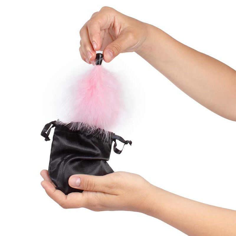 Kit SECRETPLAY de pós comestíveis de morango e espumante com brilho dourado e pena para massagem sensual.