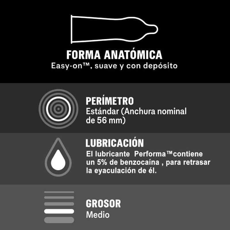 Embalagem de DUREX Preservativos Retardantes com Benzocaína 12 UNIDADES, mostrando o design da marca e a quantidade.