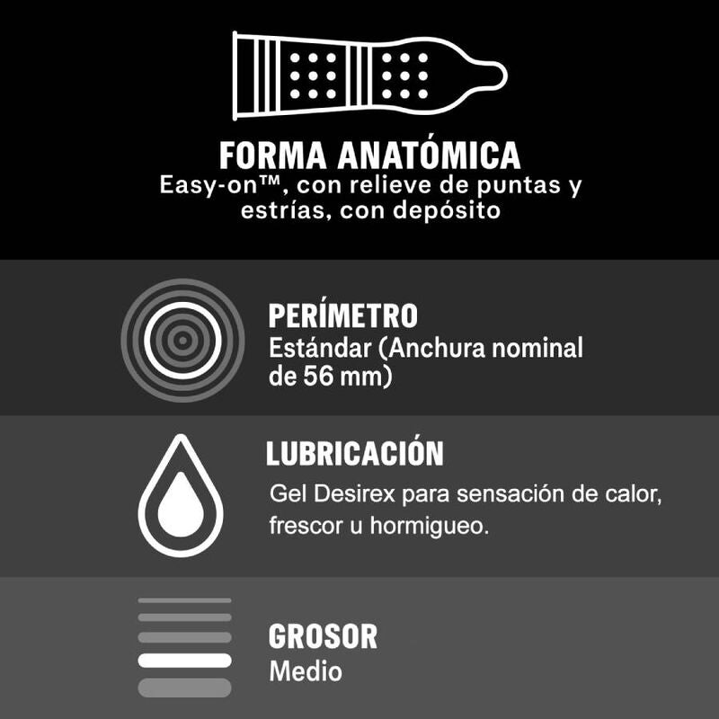 Durex Preservativos Orgasmo Intenso 12 Unidades, embalagem e pormenor do preservativo com textura estimulante e gel