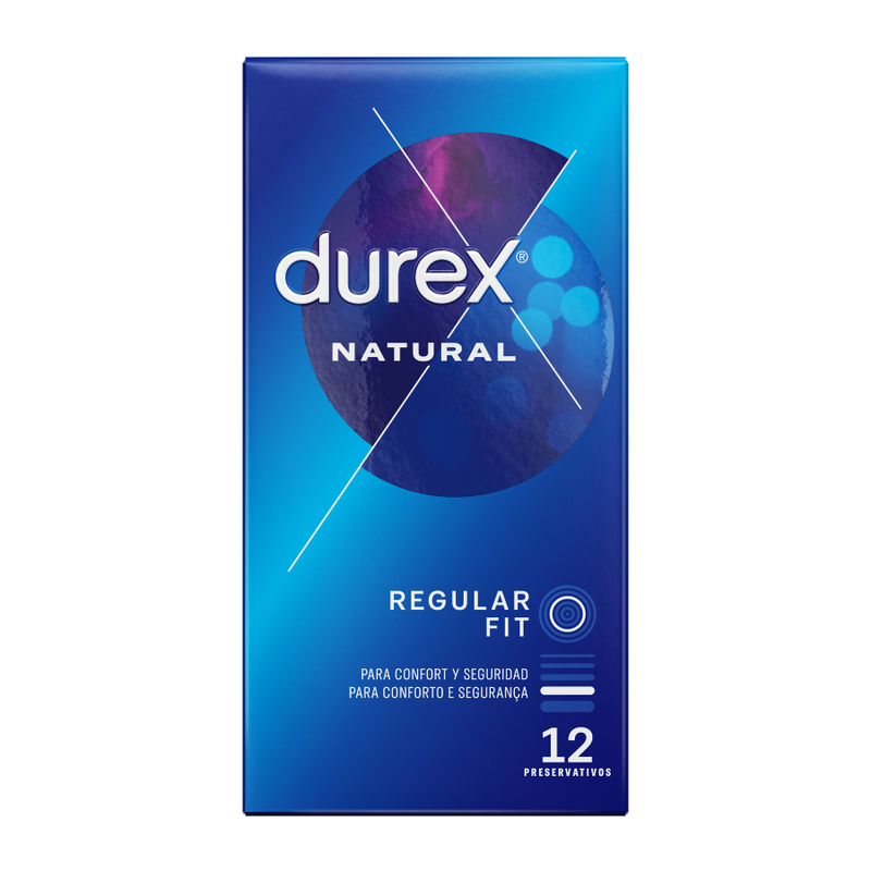 Embalagem dos DUREX Preservativos Natural Plus com 12 unidades, destacando o formato anatômico para conforto e segurança.