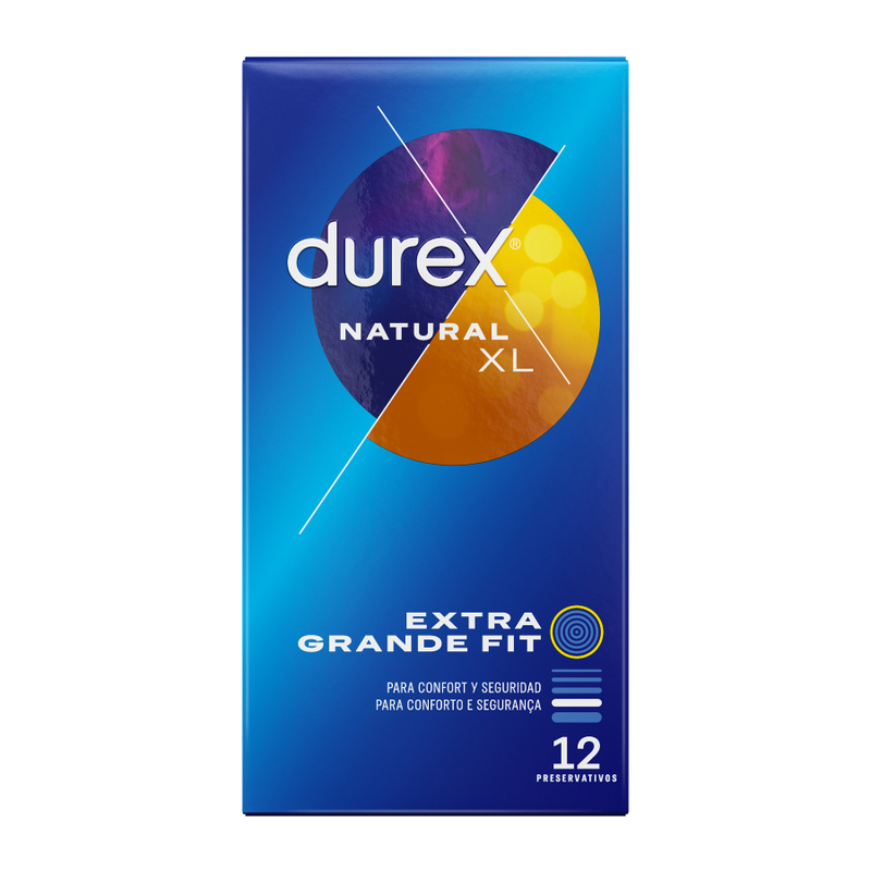 Embalagem dos Preservativos DUREX NATURAL XL 12 Unidades, indicando o tamanho e a marca.