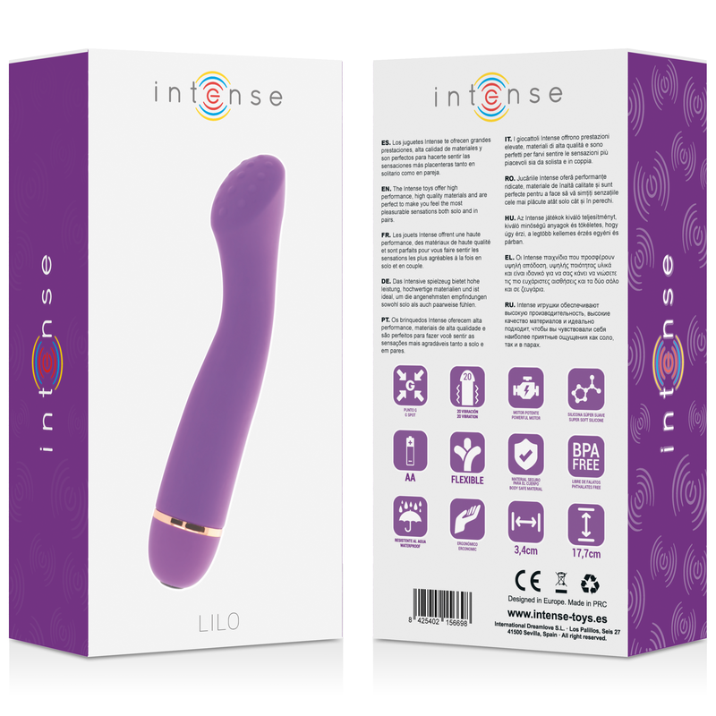 Close-up do Vibrador Intense Lilo em Silicone Lilás, destacando seu design ergonômico e ponta curva para estimulação do Ponto G.