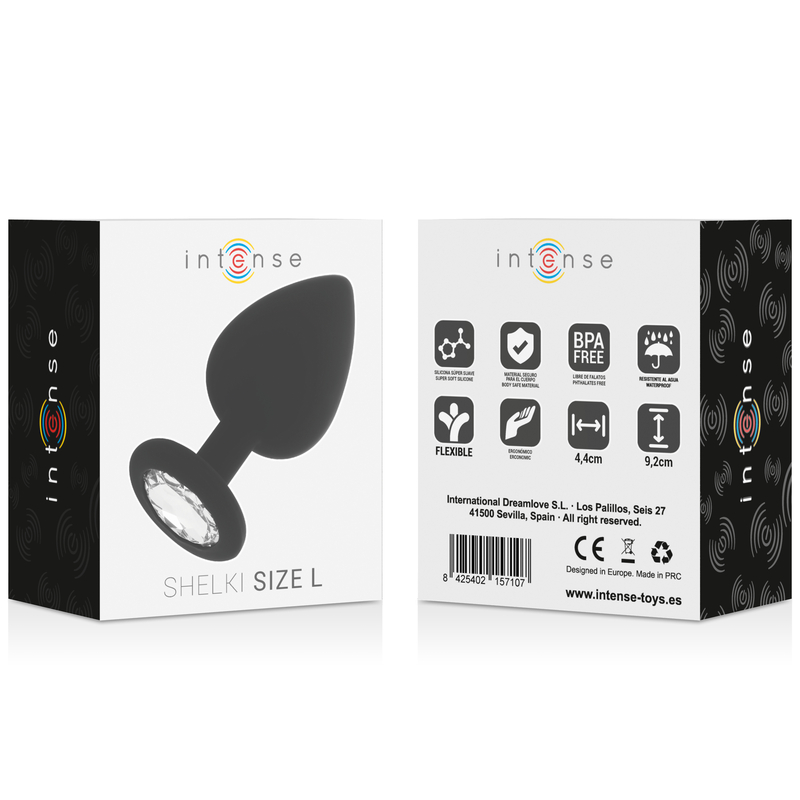 Plug anal Intense Shelki L Preto em silicone macio, com base em diamante para prazer anal seguro e confortável.