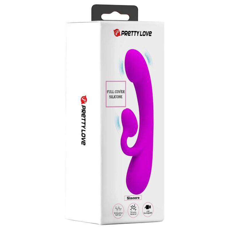 Vista detalhada do vibrador rabbit PRETTY LOVE Sincero de silicone roxo com sucção clitoriana.