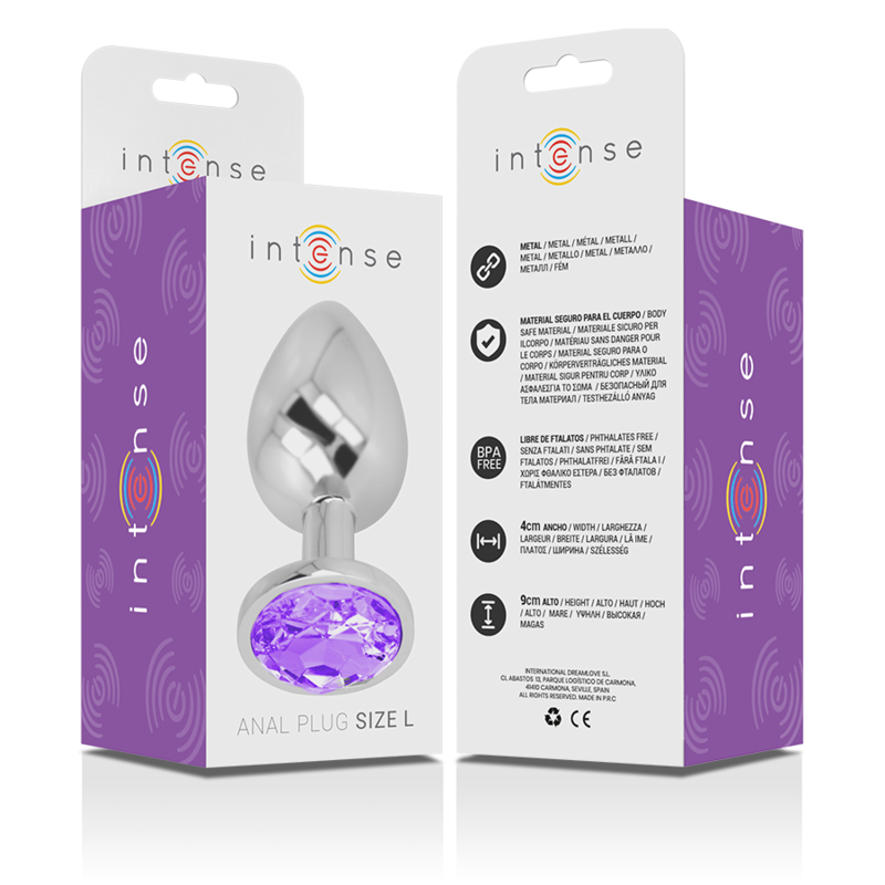 Close-up do Plug Anal Intense de Metal com Cristal Violeta, exibindo seu design elegante e a pedra brilhante.
