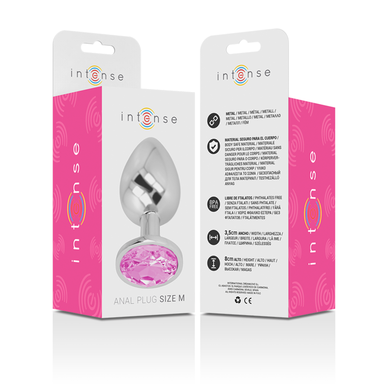 Close-up do Intense Plug Anal de Metal com Cristal Rosa M, destacando seu design elegante e material.