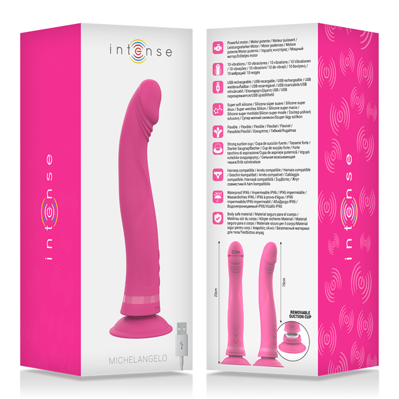 Vibrador de silicone Intense Michelangelo rosa com dupla densidade e ventosa.
