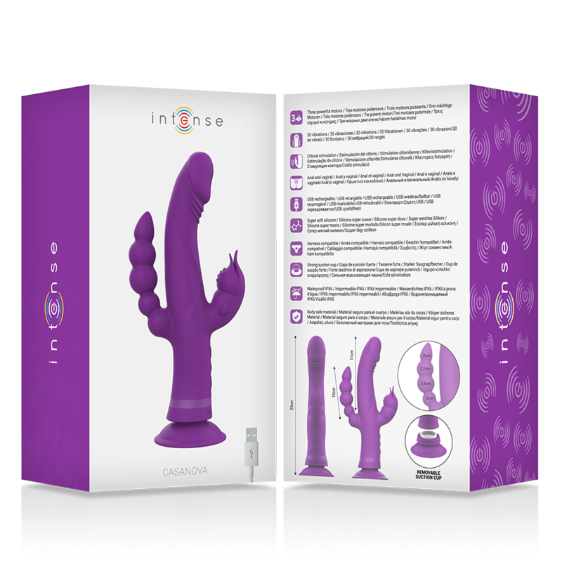 Vibrador Coelho Triplo Motor Intense Casanova de silicone roxo, com detalhes dos estimuladores e ventosa.