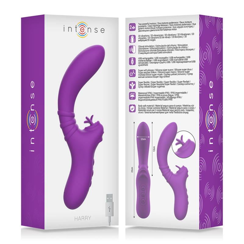 Close-up do vibrador flexível Intense Harry com língua roxa, destacando sua textura de silicone e design ergonómico para estimulação clitoriana e do ponto G.