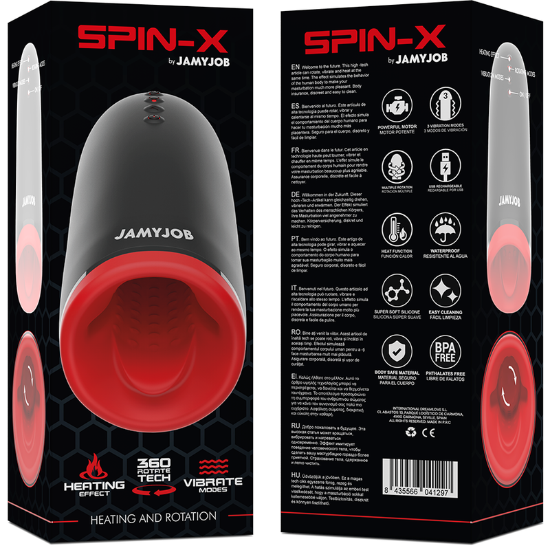 Close-up of the JAMYJOB Masturbador Masculino SPIN-X com Aquecimento e Rotação, showing its sleek black and red design and soft texture.