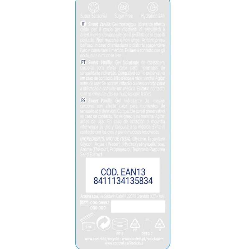 CONTROL Gel 2 em 1 Massagem e Prazer Madagascar Doce 200ml para momentos de sensualidade e diversão.