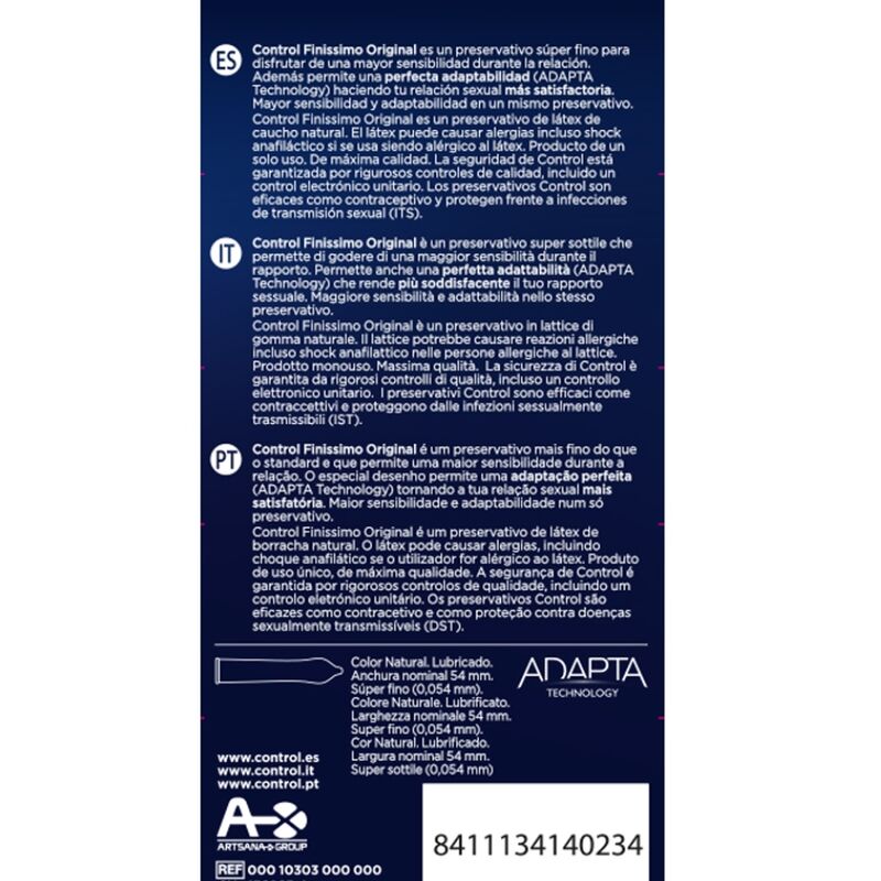 Embalagem de Preservativos CONTROL Finíssimo Original com 6 unidades, destacando a sua finura e o logo da marca.