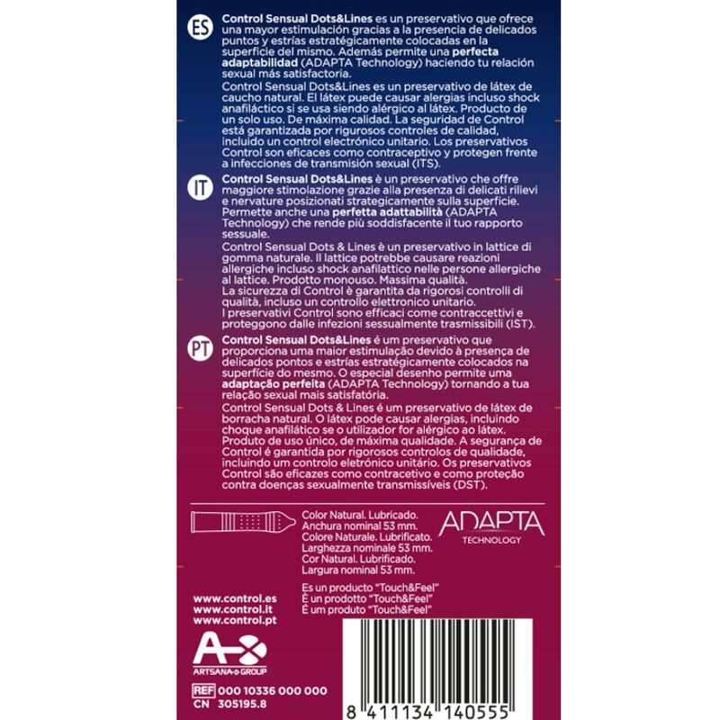 Close-up of the CONTROL Preservativos Pontos e Linhas Sensuais 12 Unidades showing texture and packaging.