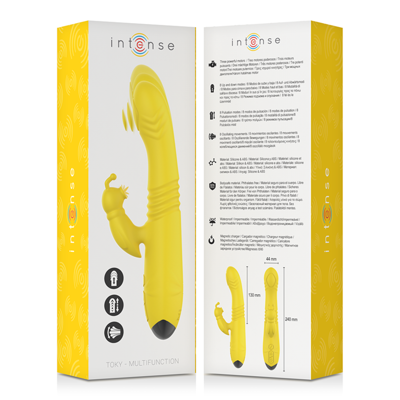 Vibrador multifunções INTENSE Toky amarelo com movimento cima/baixo e estimulador clitoriano, para prazer intenso.