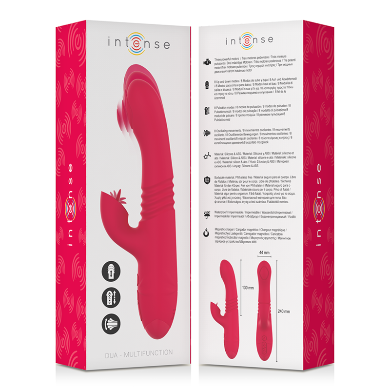 INTENSE Vibrador Dua Multifunção Up & Down Recarregável com Língua em vermelho, mostrando o design ergonómico e estimulador clitoriano.