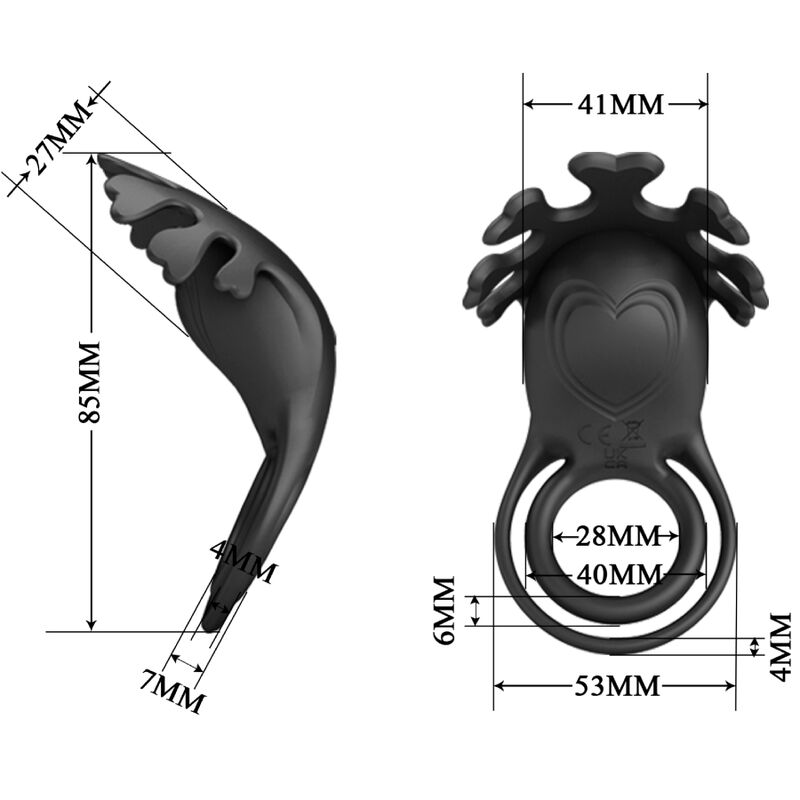 Anel Vibrador Peniano PRETTY LOVE Ruben de silicone preto com 7 funções de vibração e design duplo.