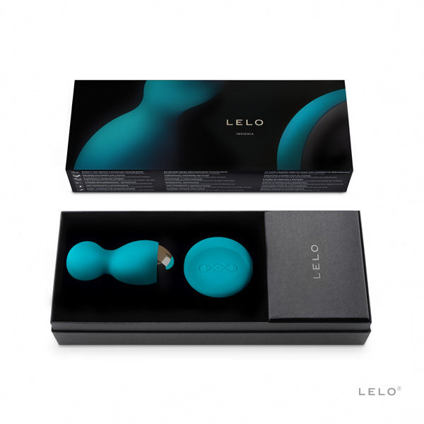 LELO Bolas de Prazer HULA Beads azuis com controlo remoto, detalhe do design e da embalagem.