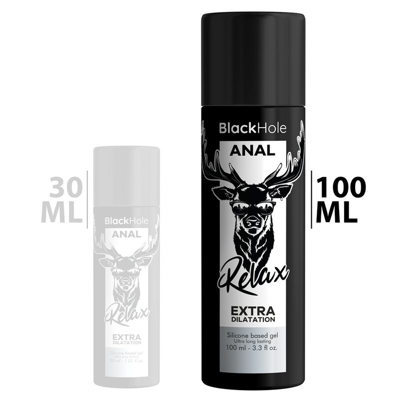 Embalagem do BLACK HOLE Gel Silicone Dilatação Anal 100ml, destacando a marca e a função do produto.