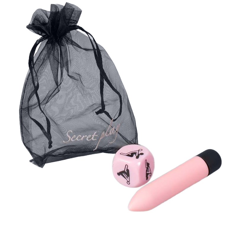 Kit vibratório SECRETPLAY com bala vibratória rosa e dados de posições para diversão erótica.