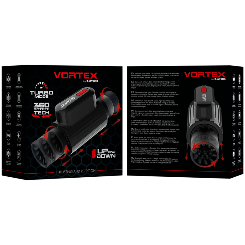 Masturbador Masculino JAMYJOB Vortex com detalhes em preto e vermelho, mostrando sua forma ergonômica e textura de silicone.