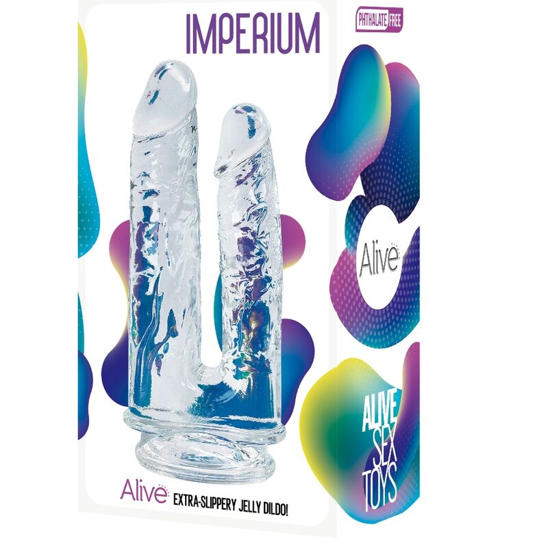 Dildo duplo realista transparente ALIVE Imperium, com detalhes de veias e textura para estimulação.
