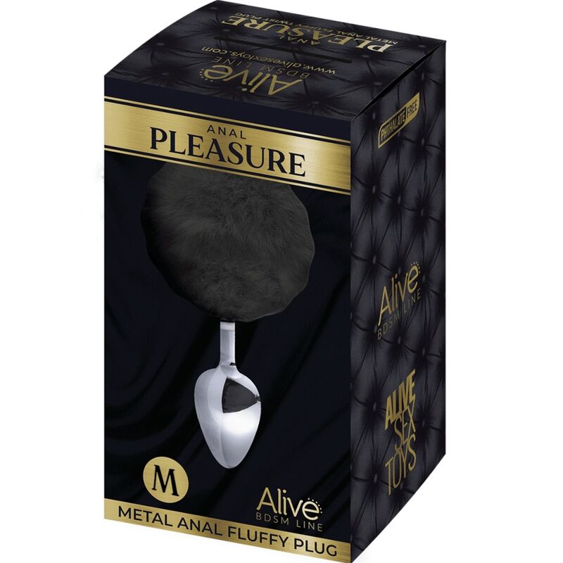 ALIVE Plug Anal Metal Liso Fluffy Preto Tamanho M com pompom macio