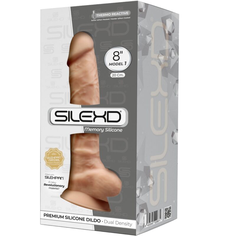 SILEXD Dildo Realista Modelo 1 Silexpan Silicone Premium 20cm, mostrando sua textura realista e base com ventosa.