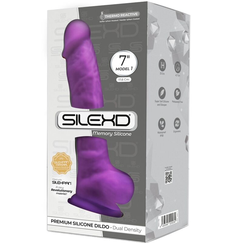 Close-up do Dildo Pênis Realístico SILEXD com Silicone SILEXPAN Violeta 17.5 CM, mostrando sua textura realista e cor vibrante.