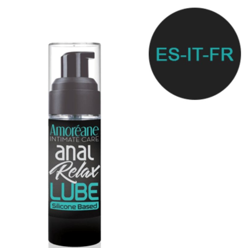 Frasco do AMOREANE Lubrificante Anal Relaxante à Base de Silicone 30 ML, destacando sua embalagem discreta e elegante.