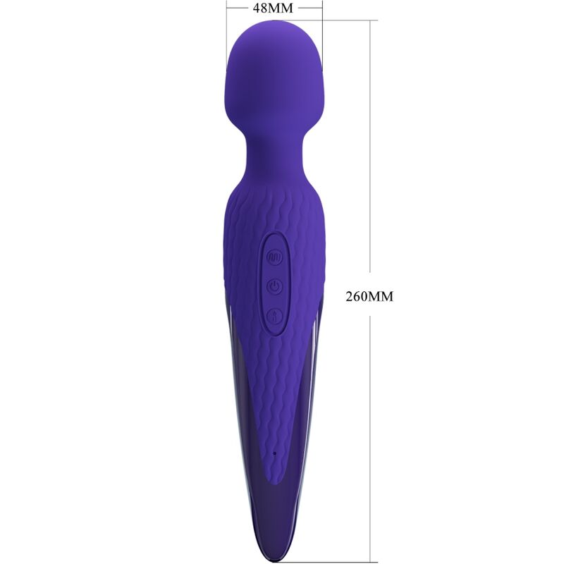 Close-up do Vibrador Wand PRETTY LOVE Antony Youth com Efeito de Calor Violeta, destacando seu design ergonômico e a cabeça de silicone macia.