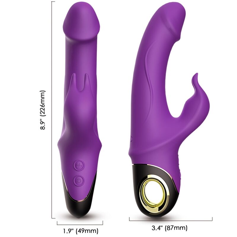 Vista detalhada do ARMONY Vibrador Dildo Coelhinho Meteor Roxo, mostrando seu design ergonómico, estimulador e material de silicone.