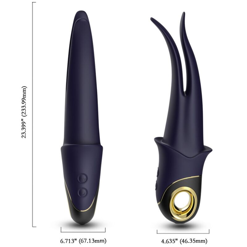 Vibrador ARMONY Shadow de dupla cabeça em silicone azul, com design ergonómico e características de estimulação versátil.