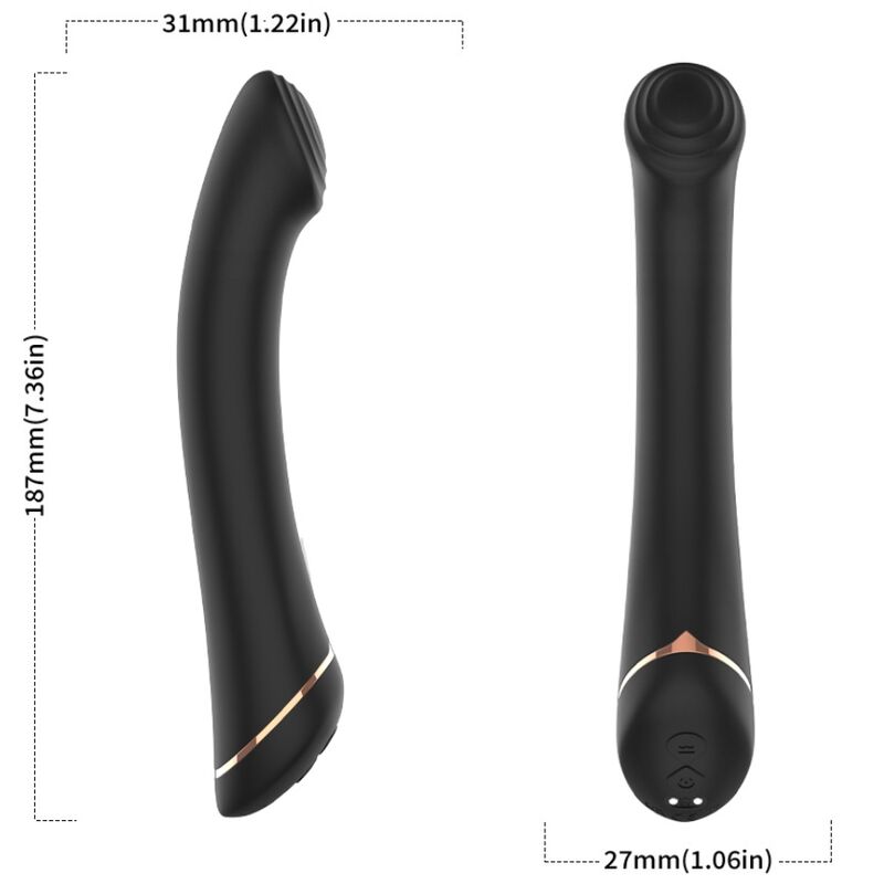 Vibrador ARMONY de silicone preto com cabeça plana, 9 modos de vibração e recarregável via USB.
