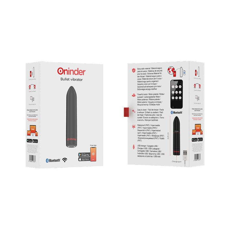 ONINDER Vibrador Bullet Berlin preto com 9 modos de vibração e controlo por aplicativo, detalhe do design compacto.