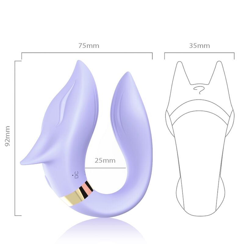 Vibrador para Casais ARMONY Fox Roxo com Controle Remoto, detalhe do design e botões de função.