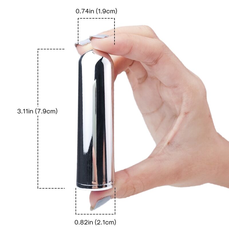 Close-up do Bala Vibrador ARMONY Prata 2.1x7.9cm, mostrando seu design compacto e elegante.