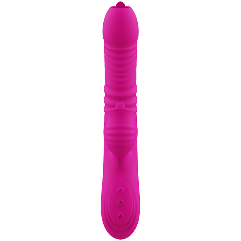 Close-up do Vibrador ARMONY Fanny Multifunção Língua Dupla Fúcsia com efeito calor, mostrando design ergonómico e material de silicone.